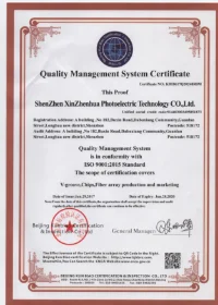 Quality Management System Certificate ISO 9001:2015 Standard